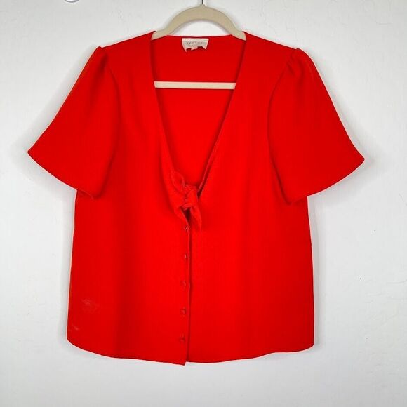 Sezane Size 40 Medium Eloine Blouse Top Red Short Sleeve Tie Button Up V Neck - Picture 2 of 11